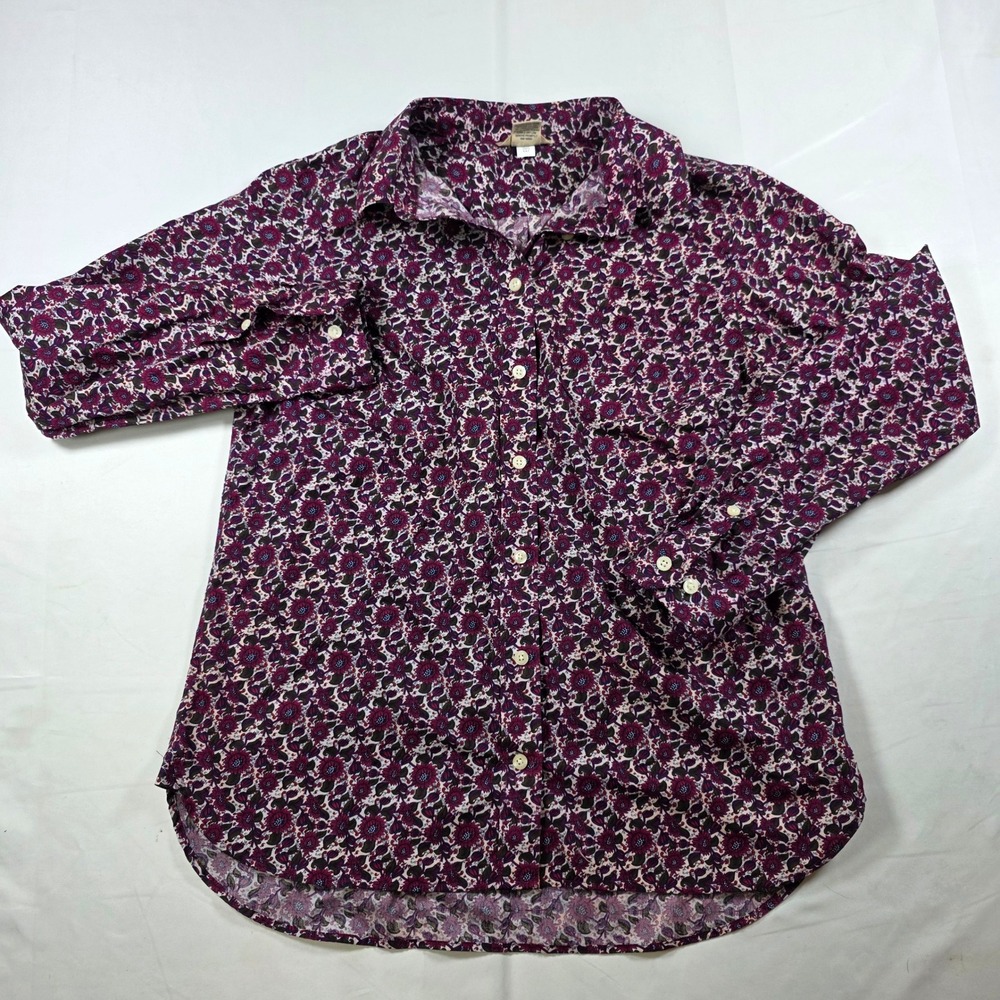 Duluth Trading Co Womens M Purple Floral Cotton Stretch Button Up Shirt Career